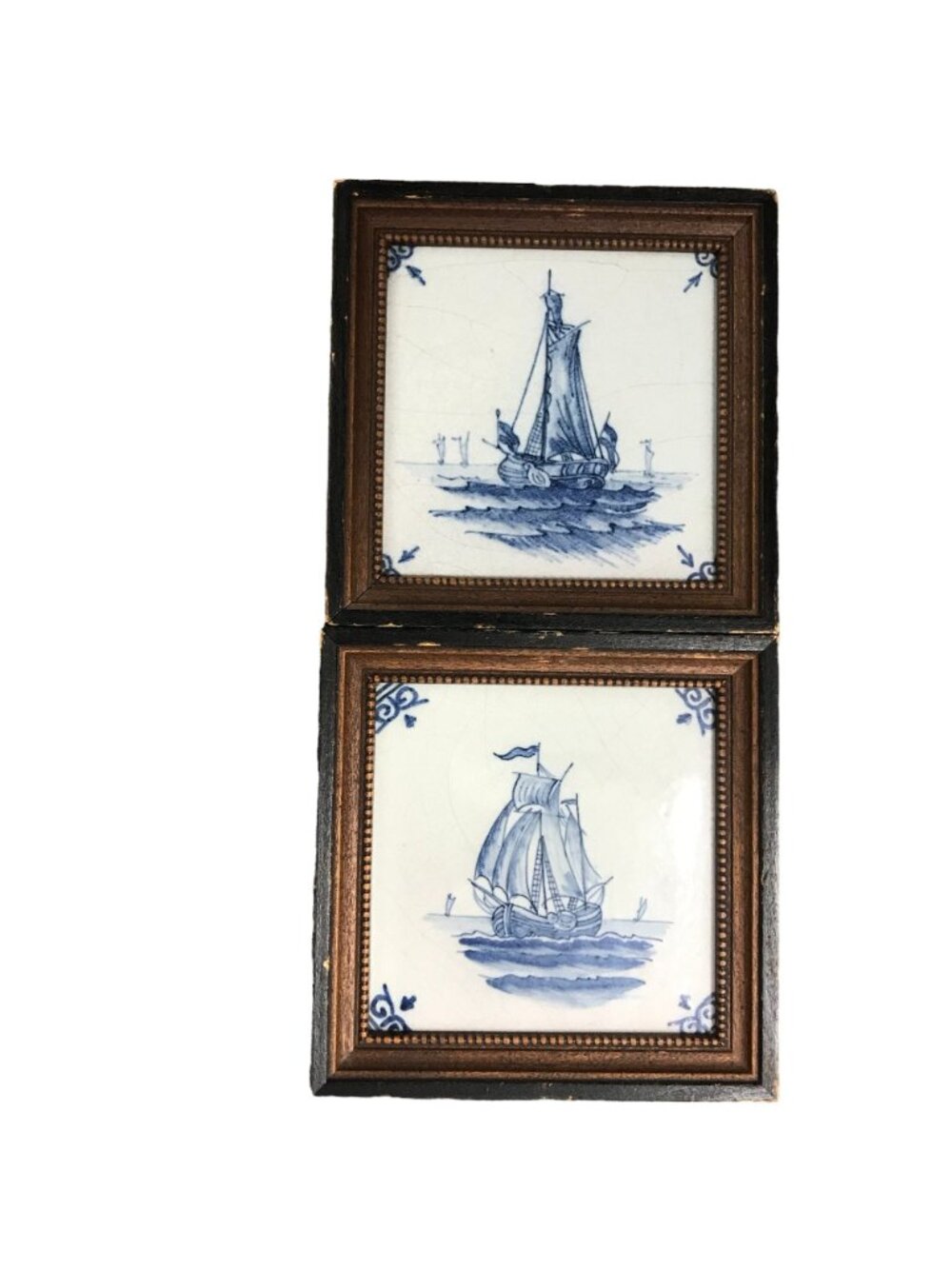 Vintage Dutch Ship Tile Wall Hanging Blue & White 6 X 6 Set of 2